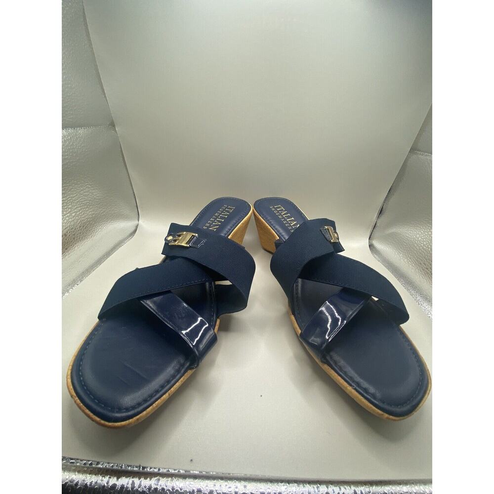 Italian Shoemakers Woman 10 Blue Elastic Straps Wedge Sandals Slide Slip On